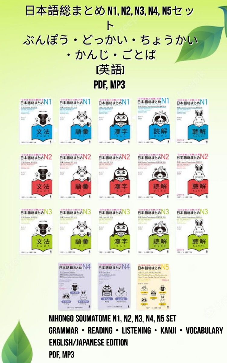 日本語総まとめ N1, N2, N3, N4, N5 E-BOOKセット ぶんぽう・どっかい・ちょうかい・かんじ・ごとば 