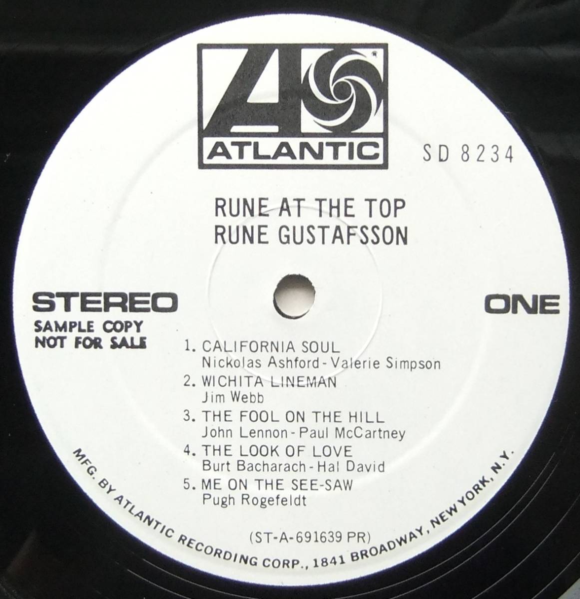 ◆ RUNE GUSTAFSSON / Rune At The Top ◆ Atlantic SD 8234 (promo) ◆ W_画像3