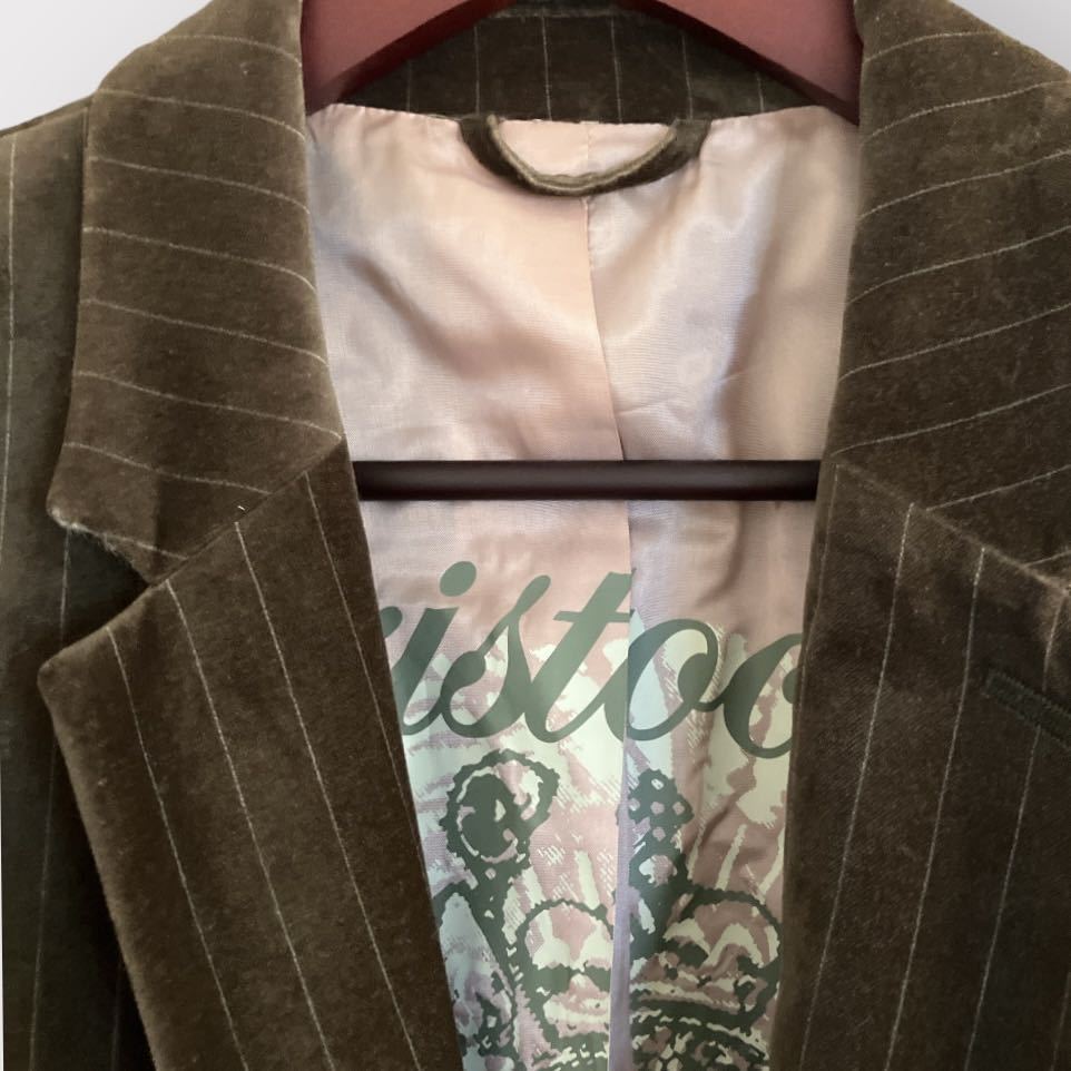 Juicy Couture テーラードジャケット 一つボタン センターベント ベロア素材 本切羽 ブラウン系ストライプ 未使用品 定価4.5万_画像3