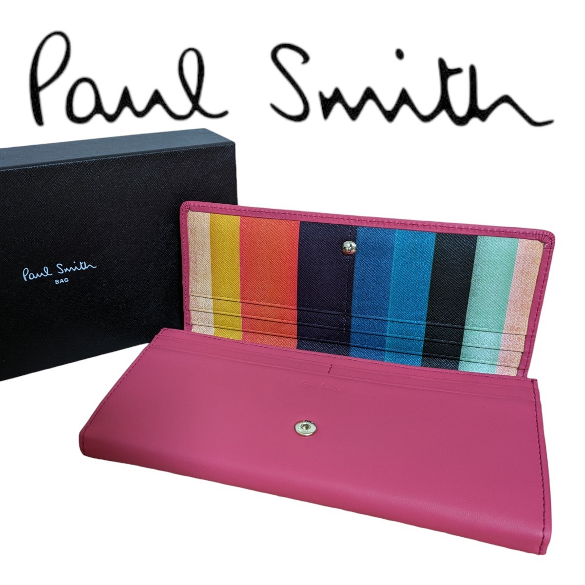 新品 ポールスミス Paul Smith 長財布 クラシックレザー シグネチャーストライプ スナップボタン ピンク 牛革 レディース_画像1