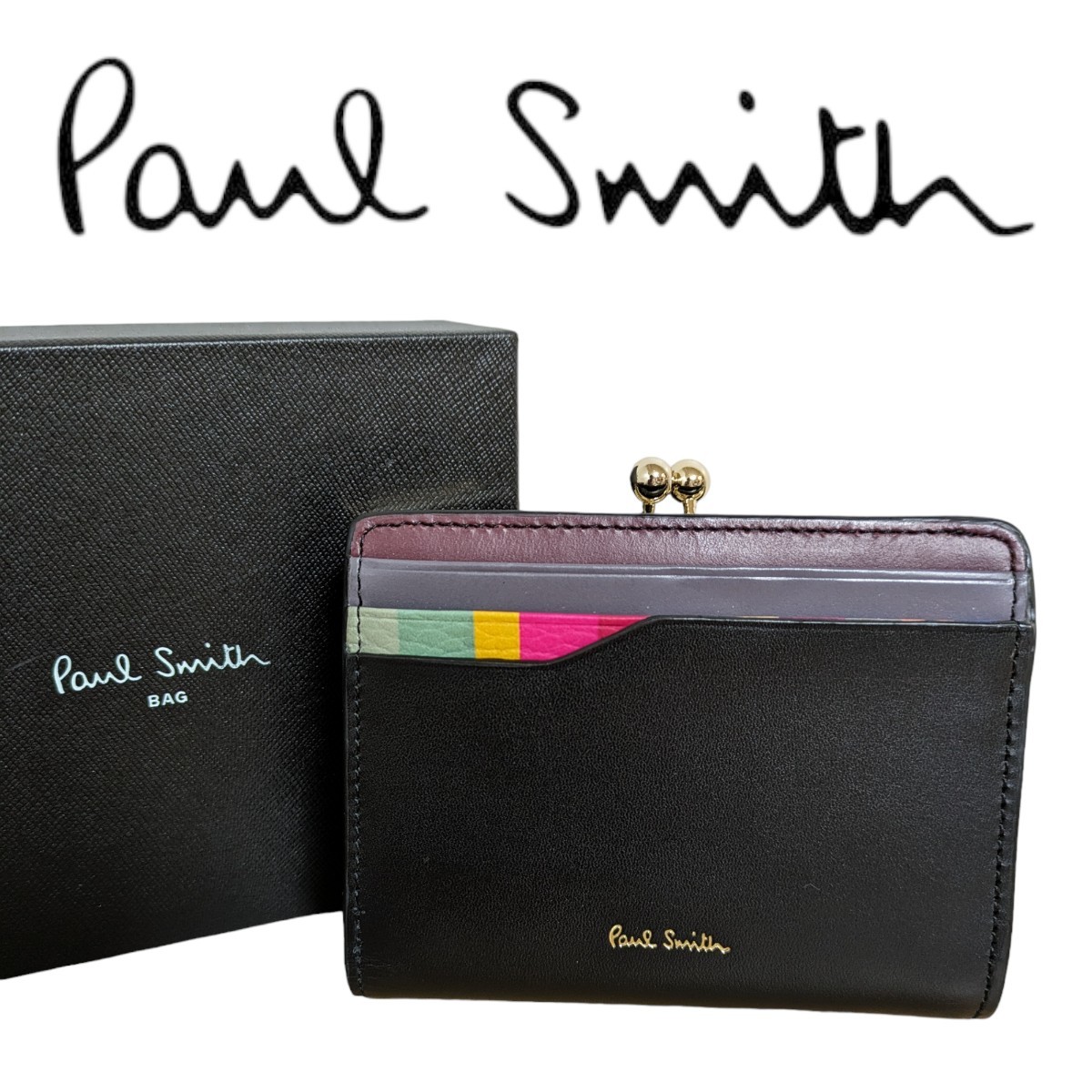 新品 ポールスミス Paul Smith がま口 折り財布 スワールスロット21A ブラック 牛革 ウォレット レディース 婦人