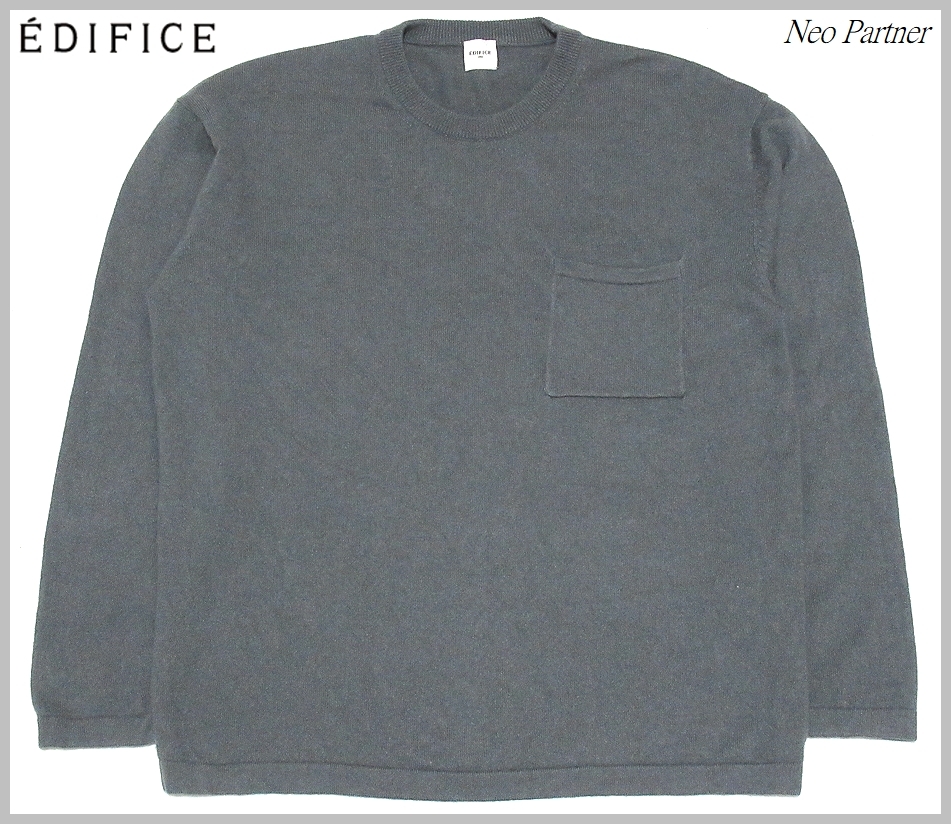 定価￥20,900 カシミヤ100％ 美品 EDIFICE エディフィス 高級素材 PURE CASHMERE 胸ポケット クルーネック ニットセーター グレー M メンズ_画像1