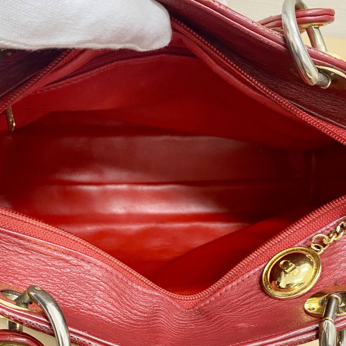 DIOR カナージュ ハンドバッグ レッド系 レディース ディオール ゴールド金具 鞄 赤色 かばん ブランド品 中古品_画像8