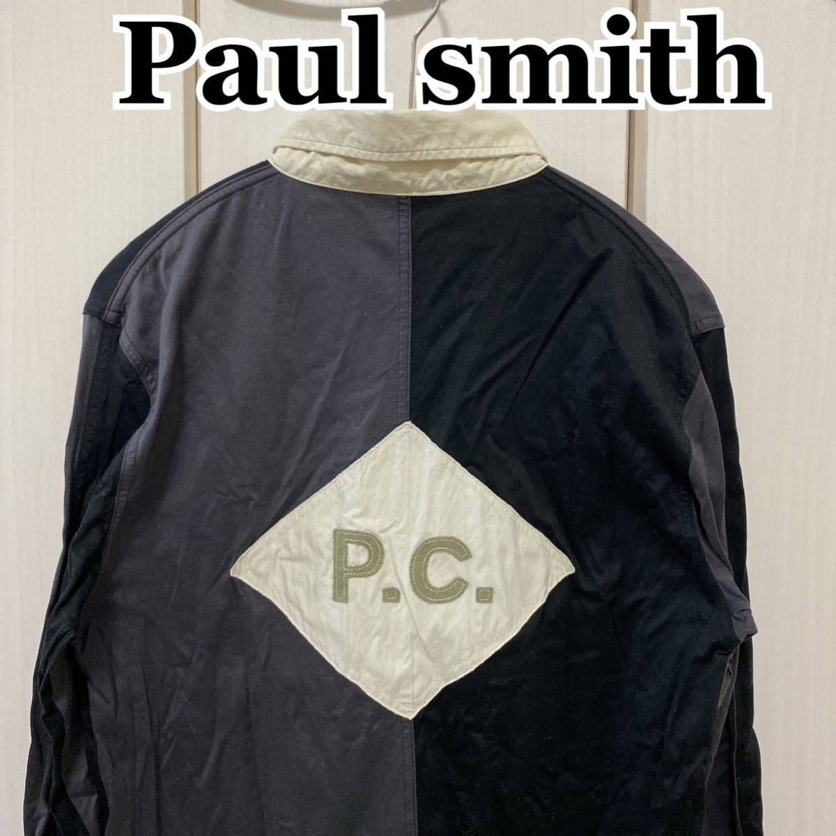 PaulSmith collection ポールスミスコレクション　デザインポロシャツ　バック刺繍ロゴ　Lサイズ　モノトーン　長袖