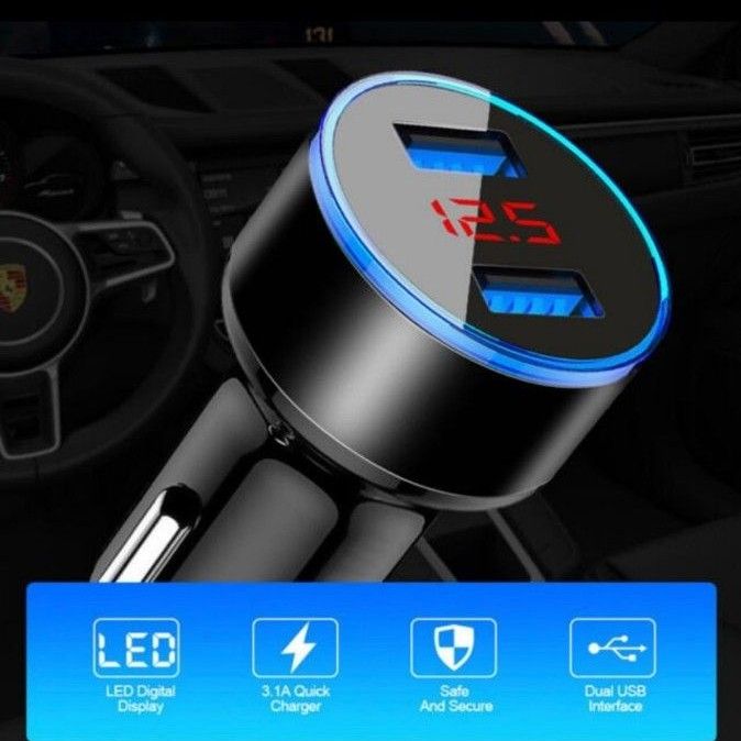 【シルバー】 USB車載充電器 デジタル電圧計 USB 2ポート シガーソケット