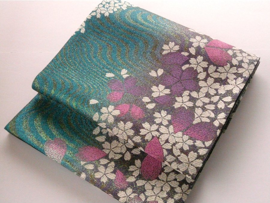 【中古】正絹袋帯 仕立上り 水色 紫 桜 015