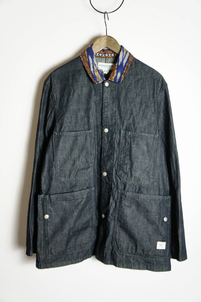 美品 正規 SASAFRAS ササフラス GREEN THUMB JACKET グリーンサム デニム ジャケット カバーオール ブルゾン オーバーサイズ 紺M本物 122O_画像1