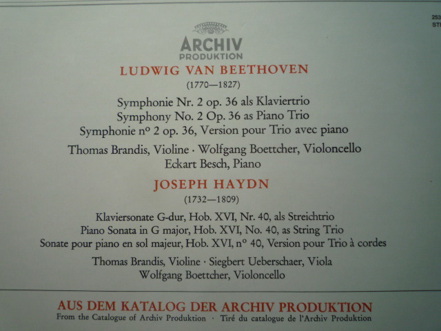 SB14 独ARCHIV盤LP ベートーヴェン/交響曲2番のピアノ三重奏版他 ベッシュ、ブランディス、ベッチャー他_画像2