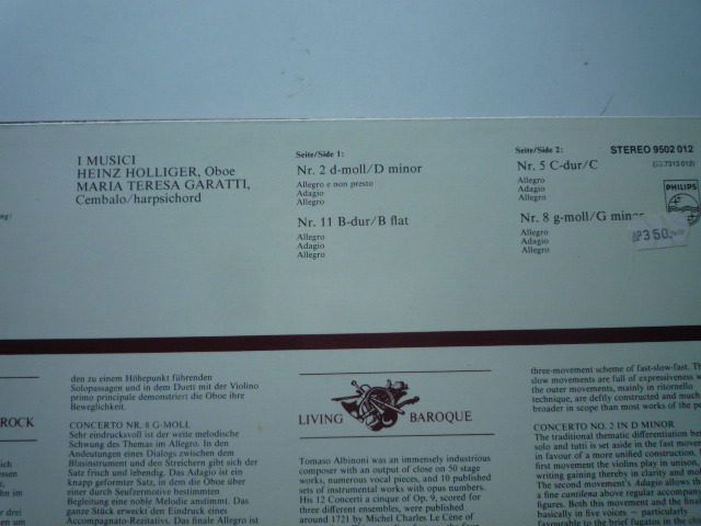 SC41 蘭PHILIPS盤LP アルビノーニ/オーボエ協奏曲集Op.9～ ホリガー、ガラッティ/イ・ムジチ合奏団_画像2
