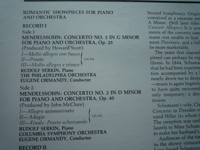 SC72 米Columbia盤2LP ピアノ協奏曲集 メンデルスゾーン/1、2番他、シューマン ゼルキン/オーマンディ_画像2
