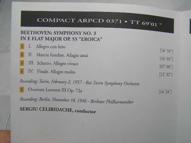  チェリビダッケ ベートーヴェン 交響曲3番/トリノ放送響1957 レオノール序曲/ベルリンフィル1946戦後直後録音IMD:EU盤P&C2007 送188 の画像5