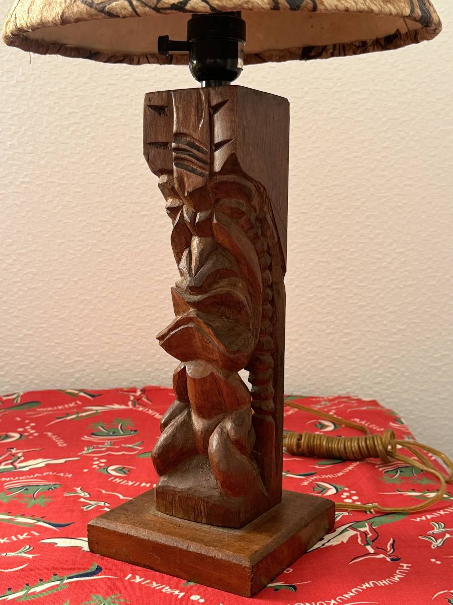 1950s Vintage TIKI Hawaiian KOA Carving Night Lamp Stand with Tapa Cloth_画像2