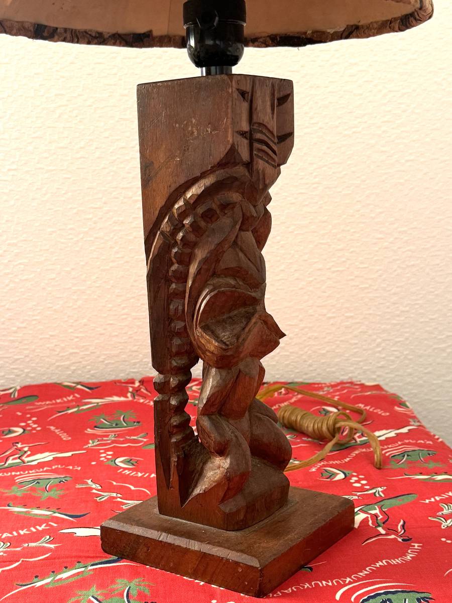 1950s Vintage TIKI Hawaiian KOA Carving Night Lamp Stand with Tapa Cloth_画像3