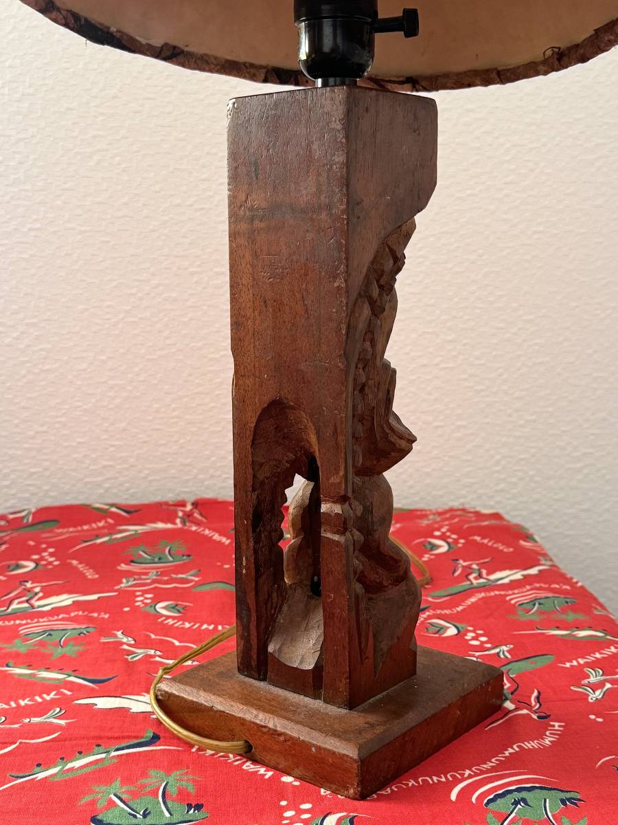 1950s Vintage TIKI Hawaiian KOA Carving Night Lamp Stand with Tapa Cloth_画像5