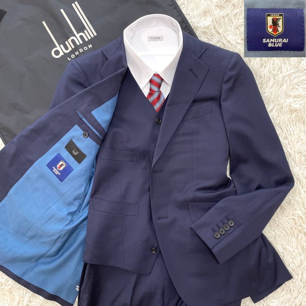 極美品 L ダンヒル 日本代表 SAMURAI BLUE オフィシャル 3P スーツ セットアップ 青 スリーピース Dunhill ジャケット チェック ブルー