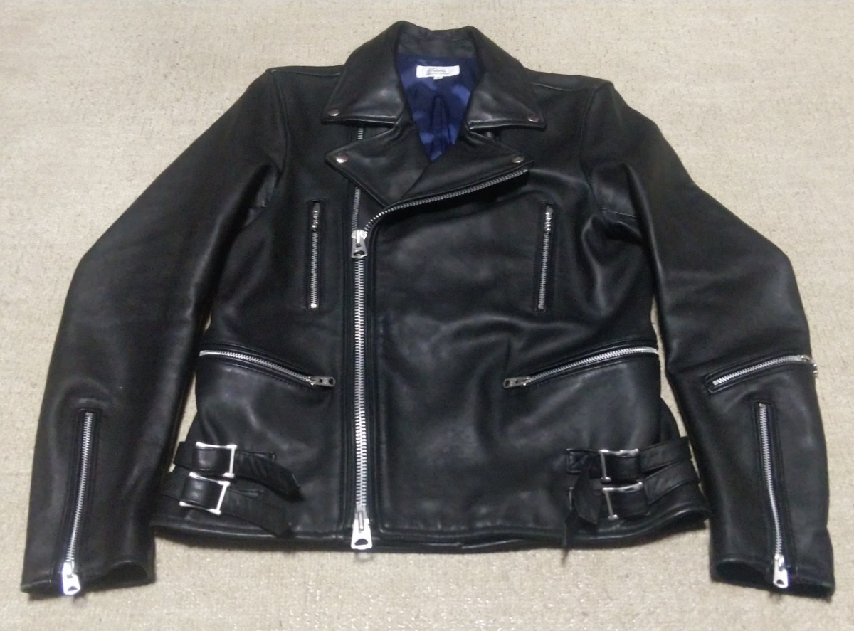 * beautiful goods * ultra tight *SCHEINE finest quality ram leather double rider's jacket size 46(S~M) black 