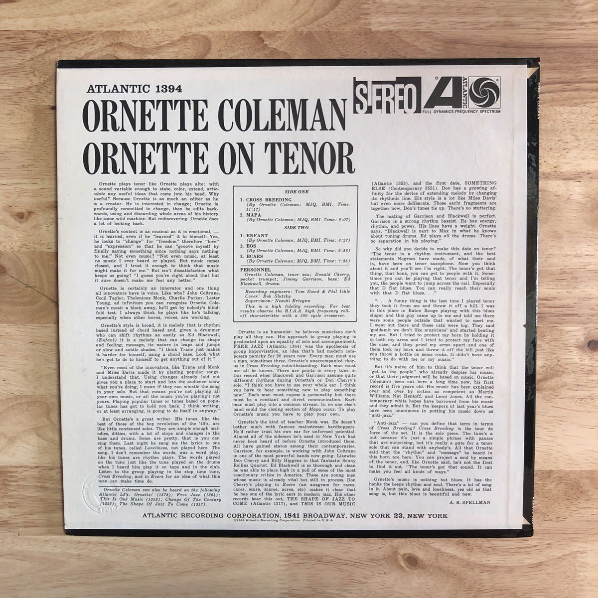 LP 美品 ORNETTE COLEMAN/ORNETTE ON TENOR[US盤:BLUE/GREENファンラベル:CS付き:DON CHERRY(tp)JIMMY GARRISON(b)ED BLACKWELL(dr)]_画像2