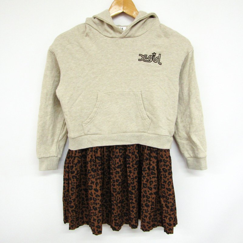  X-girl long sleeve One-piece sweat Parker switch design Kids for girl 130 size beige × Brown X-girl