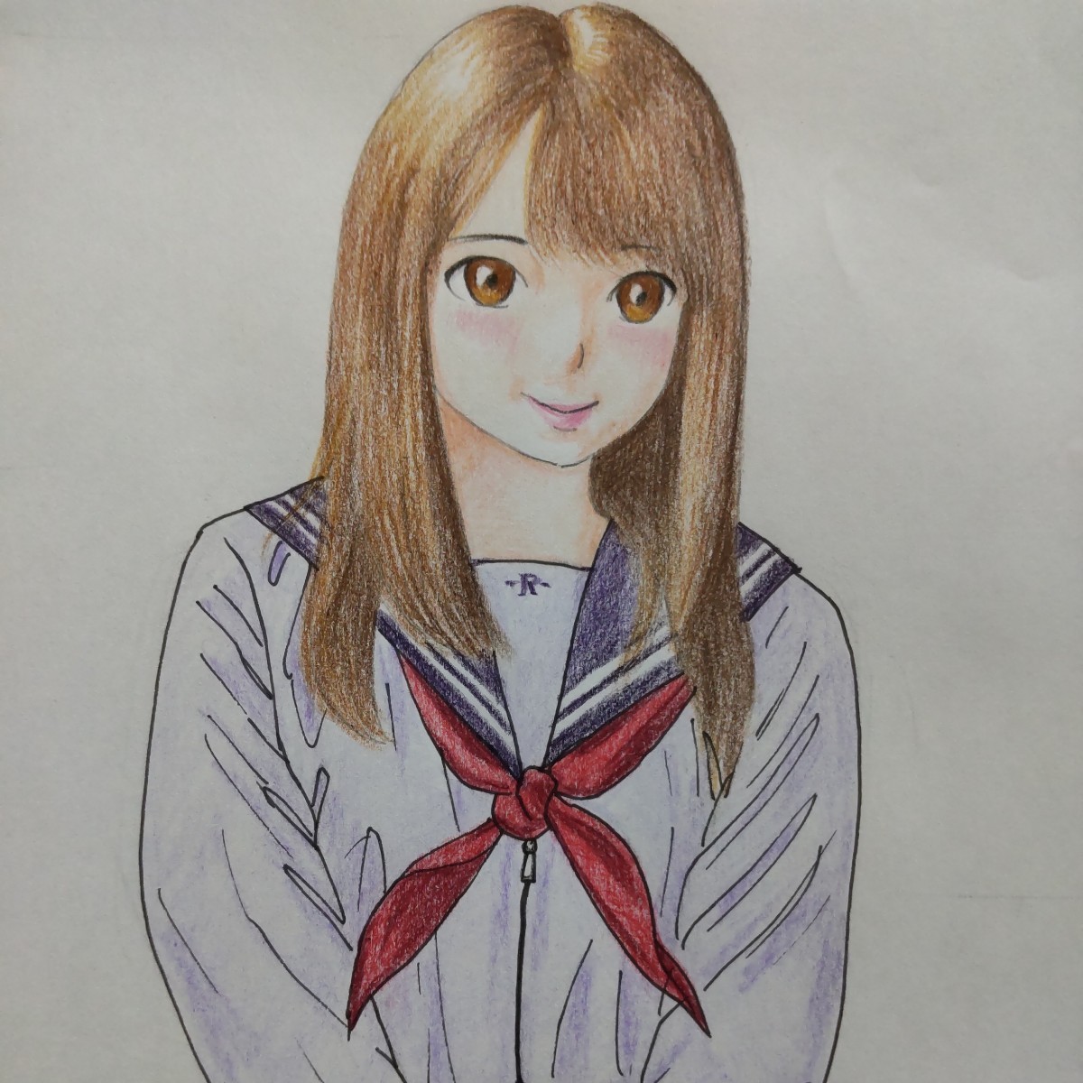 手描きイラスト 直筆 色鉛筆画 B5サイズ セーラー服 赤スカーフ_画像1