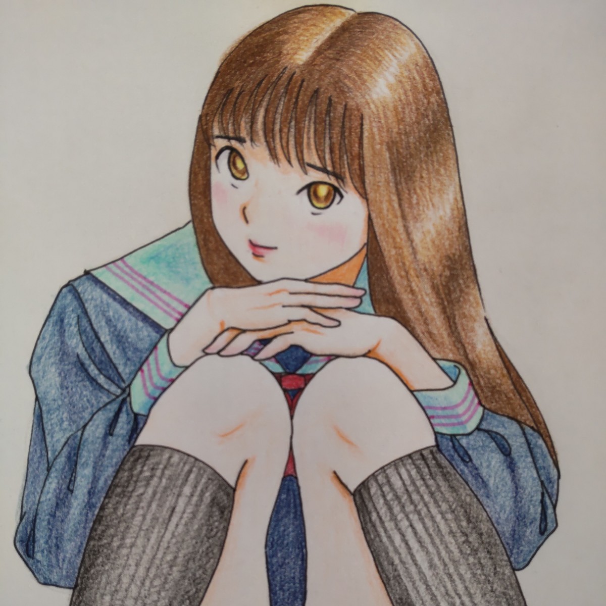 手描きイラスト A5サイズ セーラー服 M字 白パンツ の商品詳細 手描きイラスト A5サイズ セーラー服 M字 白パンツ の商品詳細