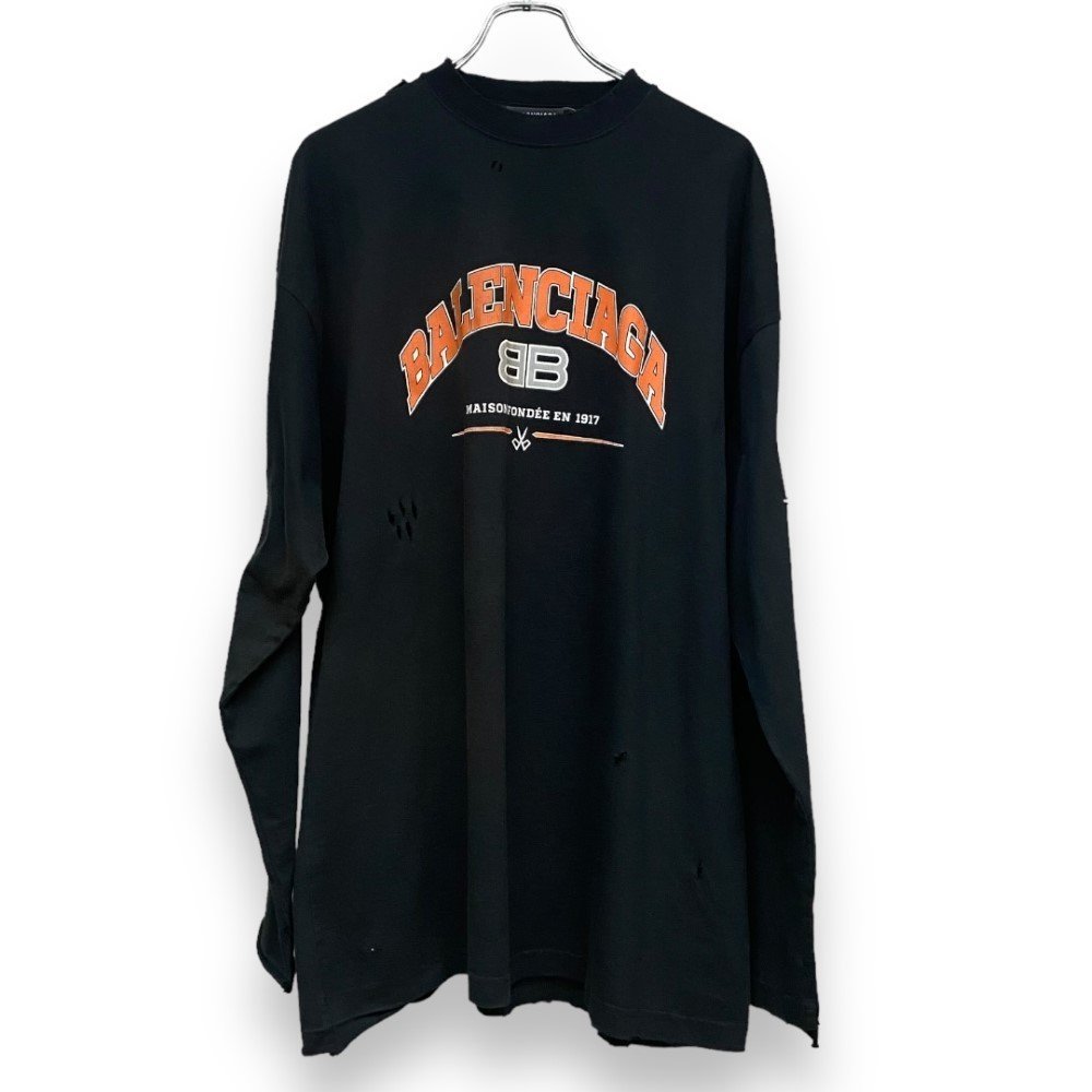 BALENCIAGA 22SS Maison Long Sleeve T-Shirt クラッシュ加工オーバーサイズ長袖カットソー 2サイズ ブラック 681046 TLVJ1 バレンシアガ
