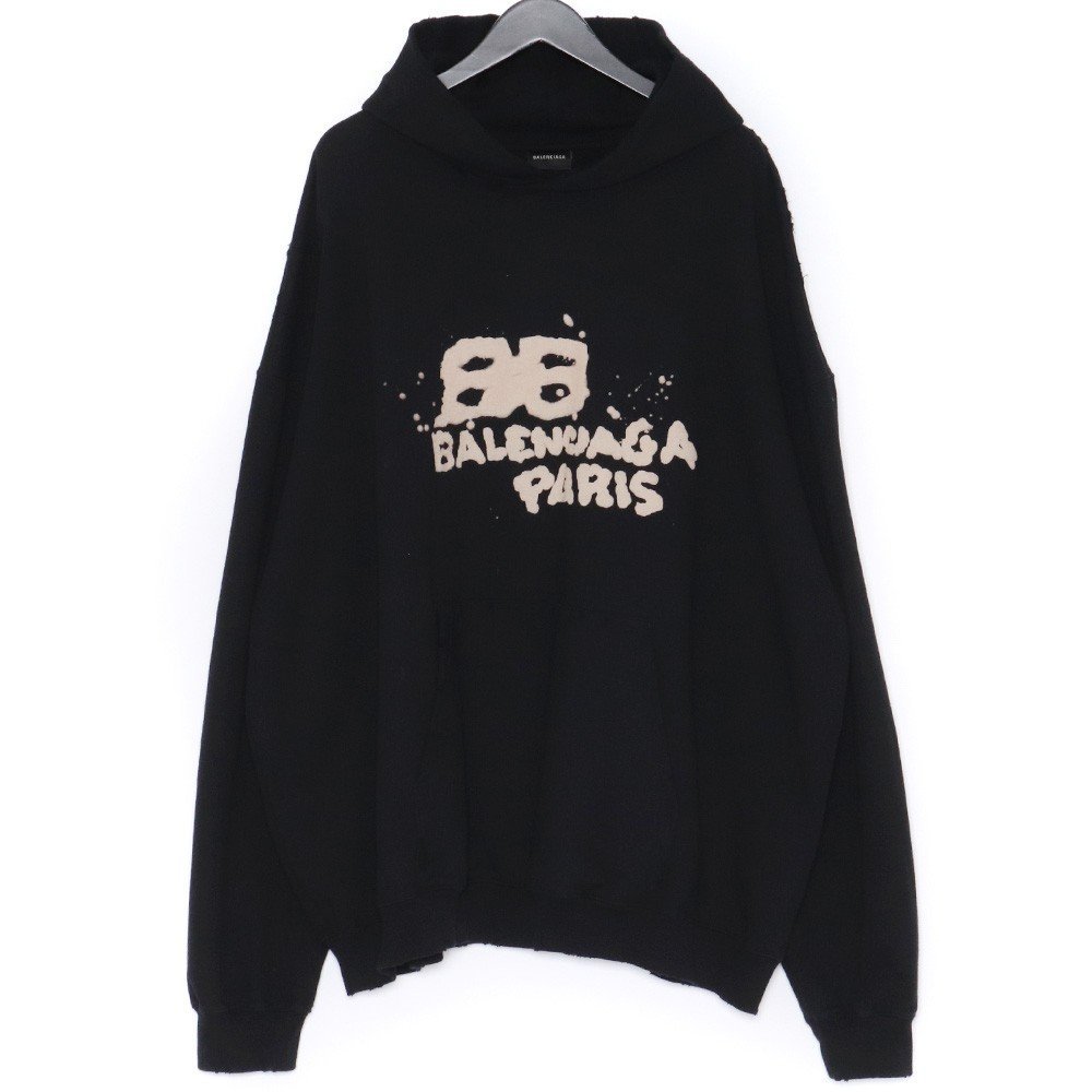 BALENCIAGA ロゴブリーチ加工ダメージパーカー S ブラック 620973 TNVQ1 1059 バレンシアガ HAND-DRAWN BB ICON HOODIE スウェット_画像1