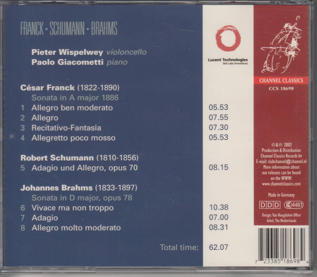 ◆送料無料◆フランク、ブラームス：チェロ（vin）・ソナタ/シューマン：アダージョとアレグロ～ピーター・ウィスペルウェイ Import L9741_画像2