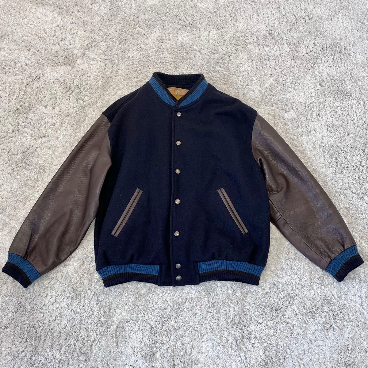 レア】ライナー付 KENT ケント レザースタジャン 袖革 ネイビー レア】ライナー付 KENT ケント レザースタジャン 袖革 ネイビー