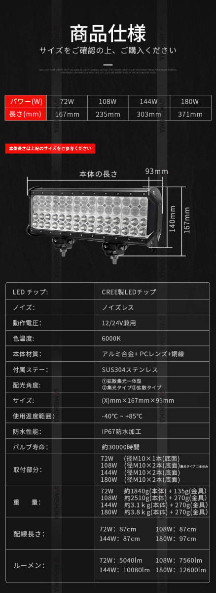 ｍsm942SF サーチライト 前照灯 補助灯 LEDワークライト 作業灯 108W 拡散集光 混合光 デッキライト 防水 荷台灯 12V24V 船 集魚灯 1年保証_画像4