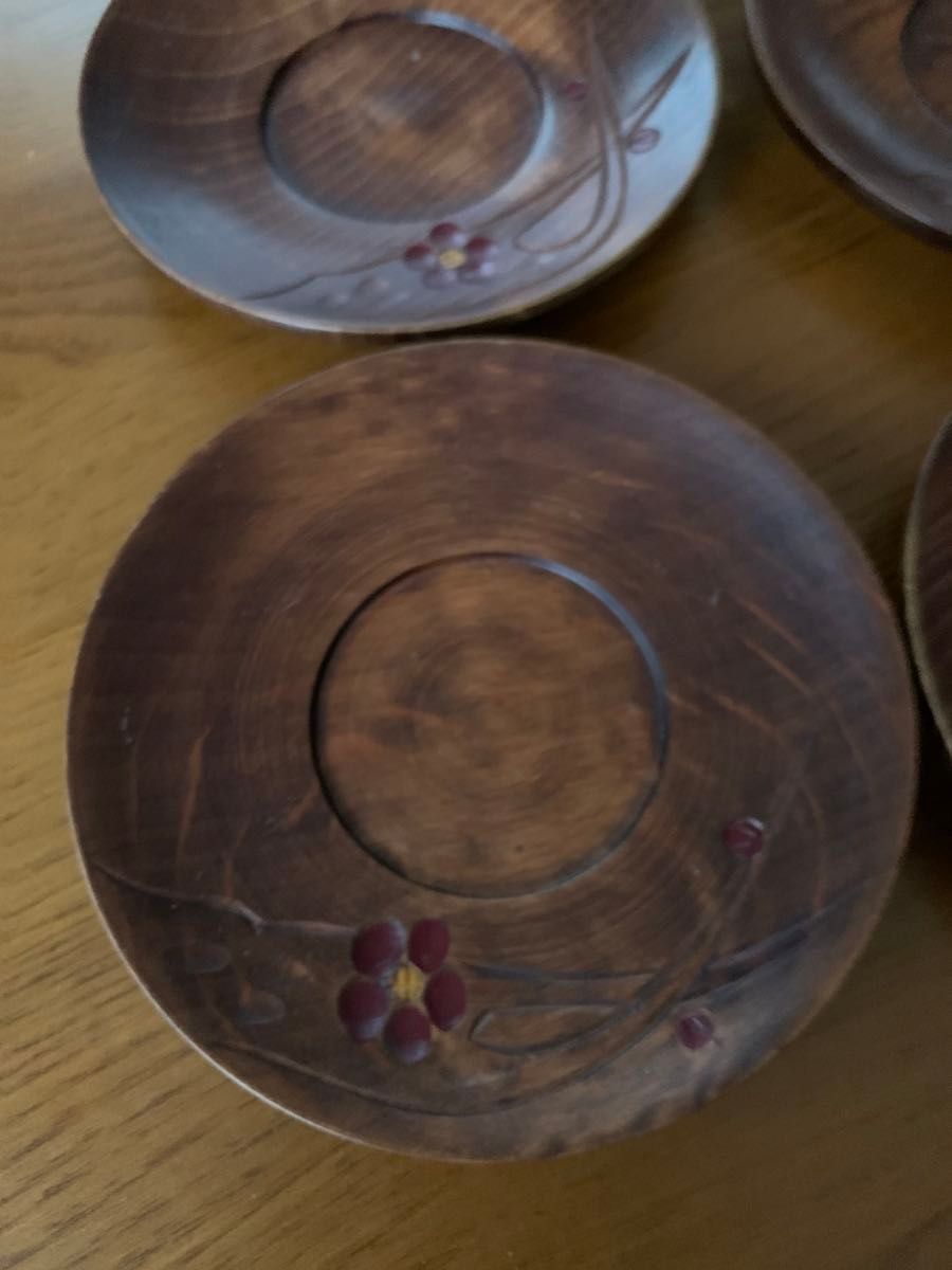 【極美品】茶托　木彫り　漆工芸　小花　4枚セット　木製 茶道具  木製