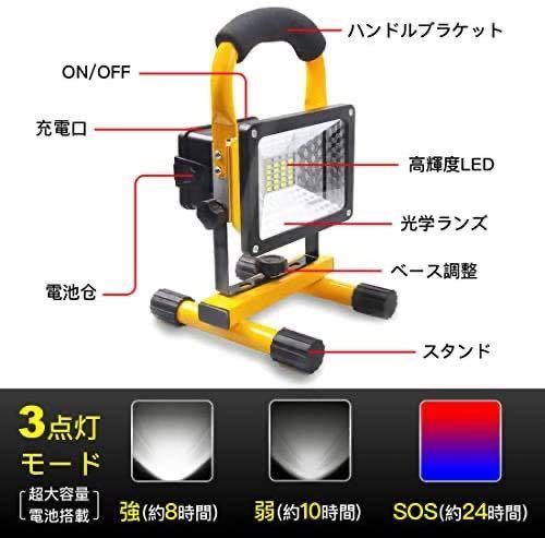 LED投光器 30W 充電式 6000mAh超大容量電池搭載 ポータブル投光器 LED作業灯 集魚灯 テントライト 昼白色 赤&青警告灯付き IP65防水 防災_画像3