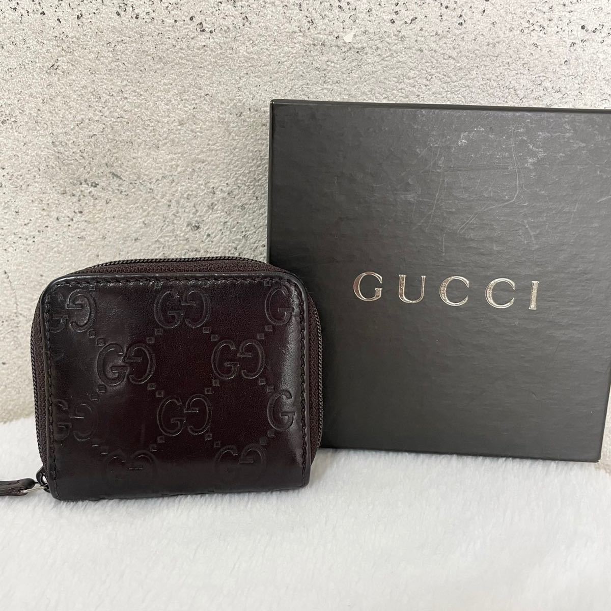 【贅沢品の極み】GUCCI グッチ　コインケース　財布　GG　シマ　レザー　本革　ブラウン　総柄　_画像1