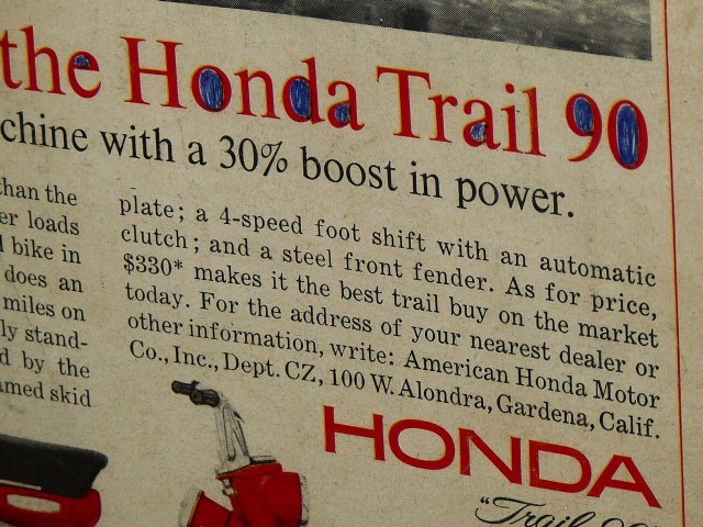 1964年 USA 60s 洋書雑誌広告 額装品 Honda Trair 90 (A4size) / 検索用 ホンダ CT90 ハンターカブ 店舗 ガレージ 看板 ディスプレイ AD_画像5