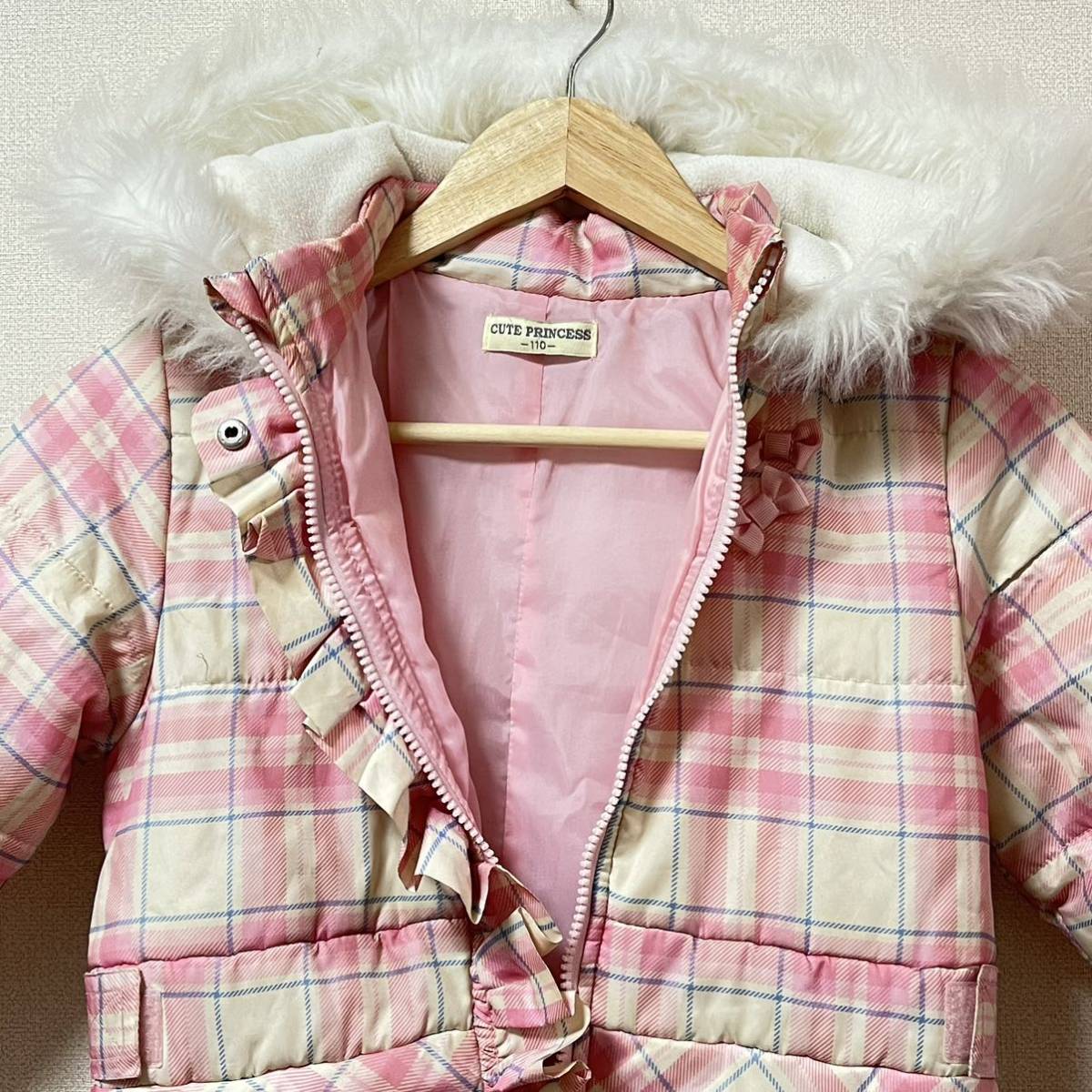 [CUTE PRINCESS] cute Princess snow wear pink check pattern ribbon frill fur protection against cold snow Kids size 110/Y2389 SS