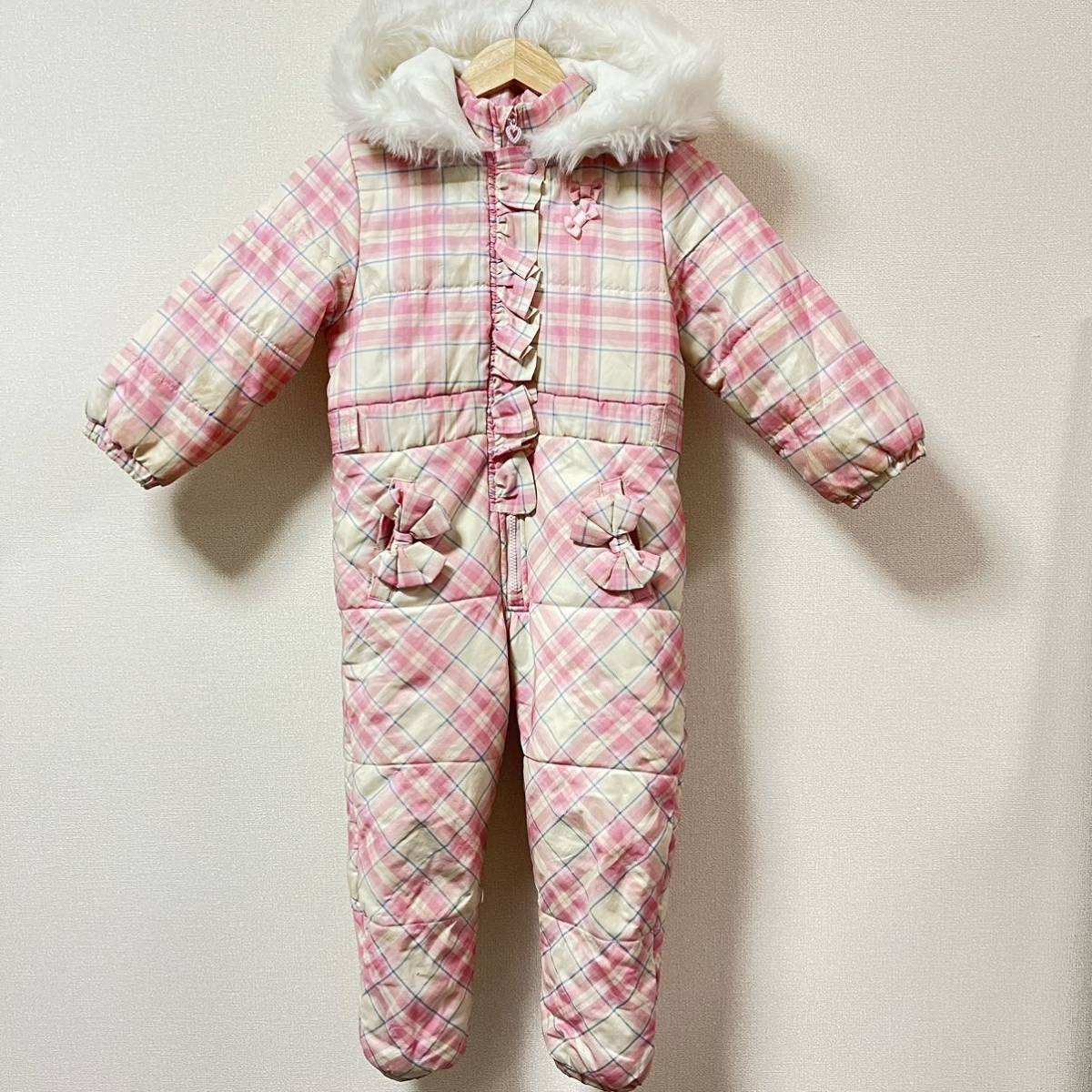 [CUTE PRINCESS] cute Princess snow wear pink check pattern ribbon frill fur protection against cold snow Kids size 110/Y2389 SS