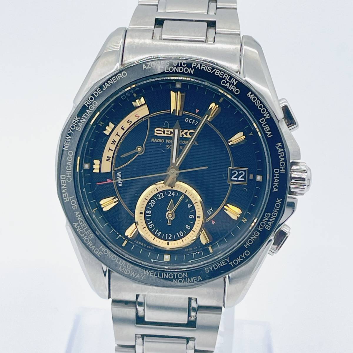 【1円スタート】稼働品 SEIKO セイコー BRIGHTZ ブライツ 8B53-0AG0 チタン 電波ソーラー ラウンド 黒文字盤 シルバー メンズ腕時計_画像1