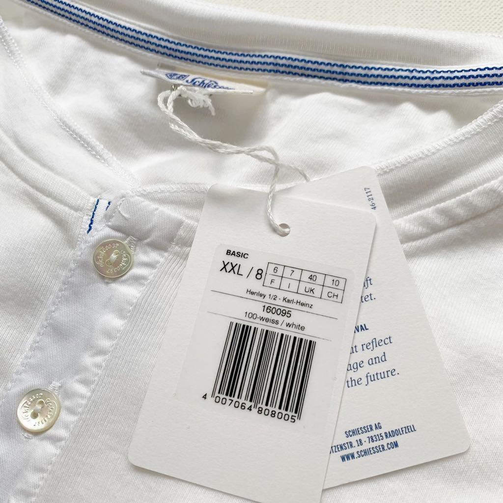XXL 新品 Schiesser シーサー 定番 ヘンリーネック 半袖 Tシャツ KARL-HEINZ S/S 白 ホワイト 定1.32万 メンズ カットソー 160095 リブ袖の画像6