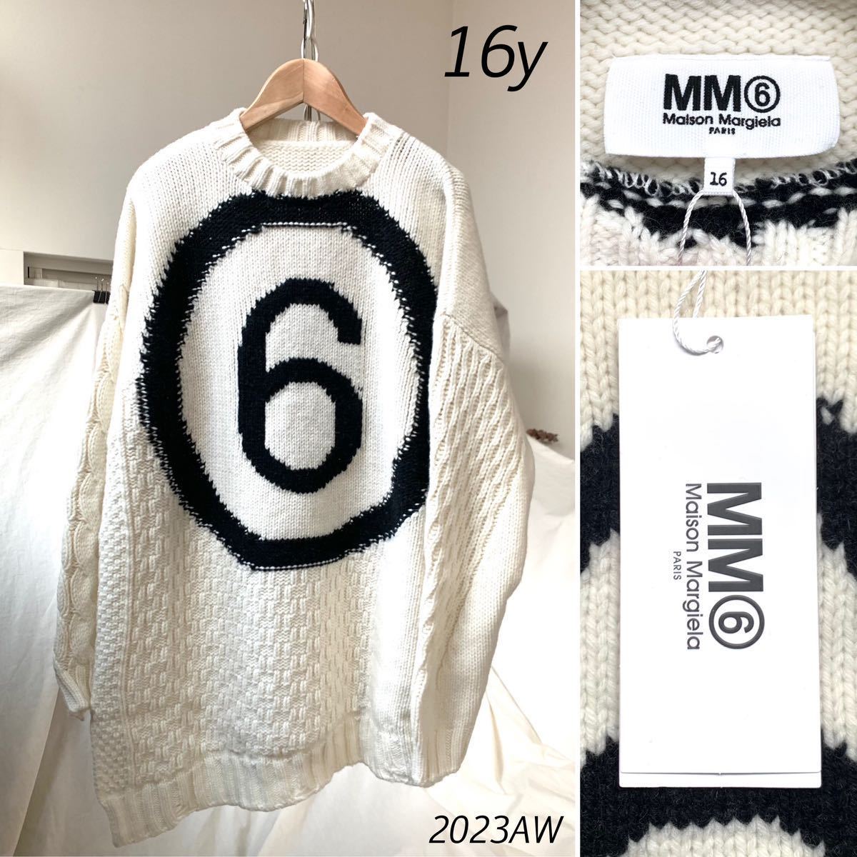 新品 2023AW MM6 Maison Margiela キッズ ディストレスト アシンメトリー ロゴ ウール セーター 16y メゾンマルジェラ 大人にも レディース_画像1