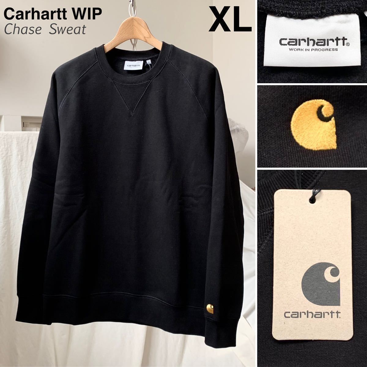 XL 新品 カーハートCarhartt WIP 定番 Chase Sweat ロゴ 刺繍 スウェット メンズ 黒 ブラック トレーナー 裏起毛 Black / Gold 送料無料_画像1