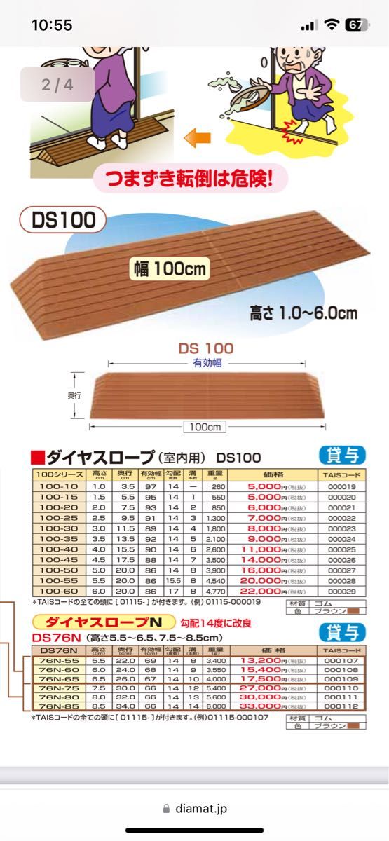 ダイヤスロープN／幅76cm・解消高さ8.5cm・勾配度数14度（シンエイテクノ）DS76N-85　硬質ゴム製段差解消スロープ