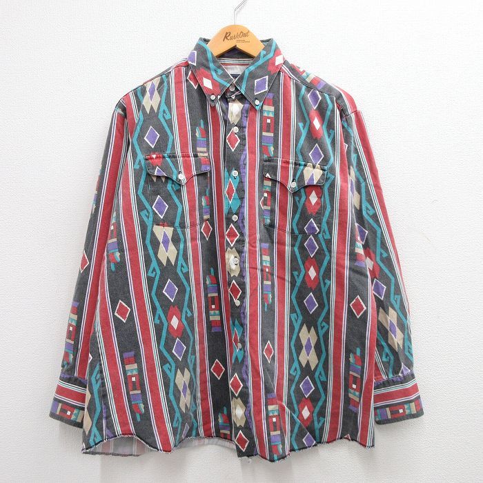 XL/ old clothes long sleeve western shirt men's 90sneitib pattern rug pattern cotton button down red other red 24jan10 used tops 