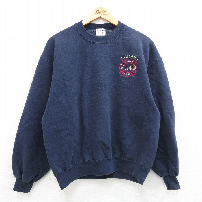 XL/古着 ジャージーズ 長袖 スウェット メンズ 90s F.D.N.Y. 消防署 クルーネック 紺 ネイビー 24jan13 中古 スエット トレーナー トップス_画像1