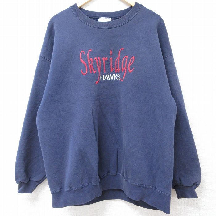 XL/古着 長袖 スウェット メンズ 90s Skyridge HAWKS 刺繍 クルーネック 濃紺 ネイビー 24jan18 中古 スエット トレーナー トップス_画像1