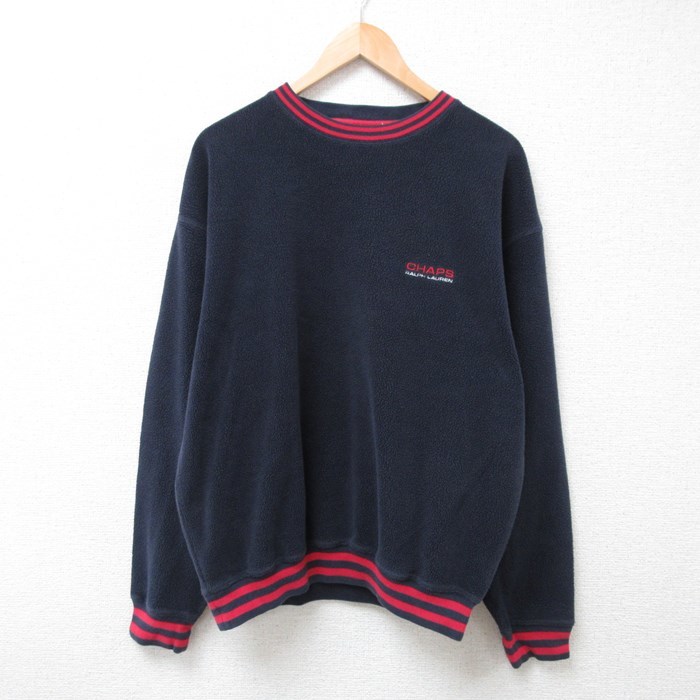 XL/古着 ラルフローレン Ralph Lauren 長袖 ブランド フリース トップス メンズ 90s ワンポイントロゴ クルーネック 濃紺 ネイビー 24jan19_画像1