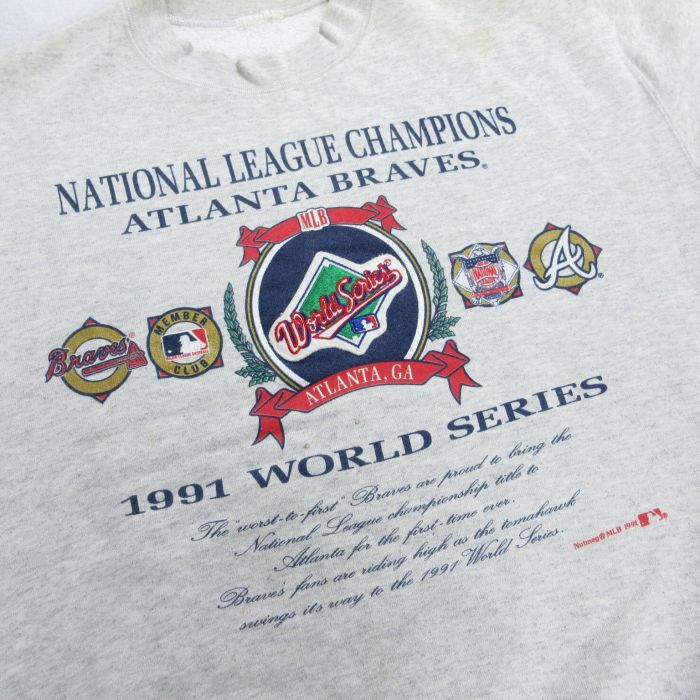 L/古着 長袖 スウェット メンズ 90s MLB アトランタブレーブス ワールドシリーズ 刺繍 クルーネック 薄グレー 霜降り メジャーリーグ ベー_画像2