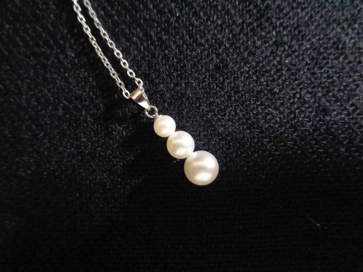 ＊100円～【美品】MIKIMOTO M/S 刻印 ミキモトパール 約4㎜~7㎜玉 三粒本真珠付 シルバーカラー ヴィンテージ ネックレス ペンダント＊T-13_画像3