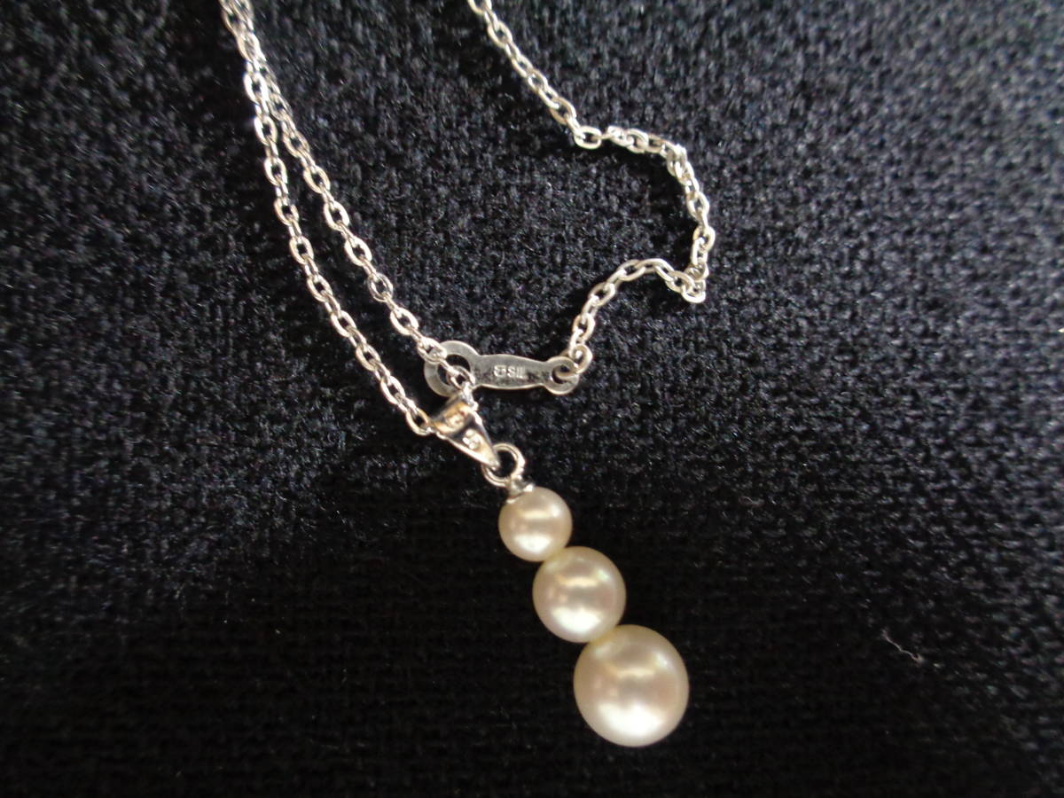 ＊100円～【美品】MIKIMOTO M/S 刻印 ミキモトパール 約4㎜~7㎜玉 三粒本真珠付 シルバーカラー ヴィンテージ ネックレス ペンダント＊T-13_画像4