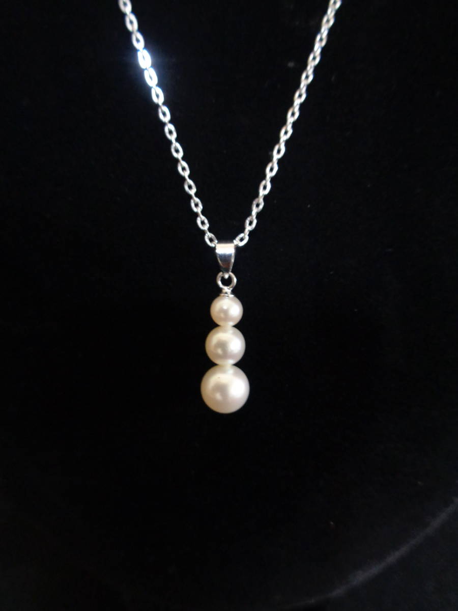 ＊100円～【美品】MIKIMOTO M/S 刻印 ミキモトパール 約4㎜~7㎜玉 三粒本真珠付 シルバーカラー ヴィンテージ ネックレス ペンダント＊T-13_画像1