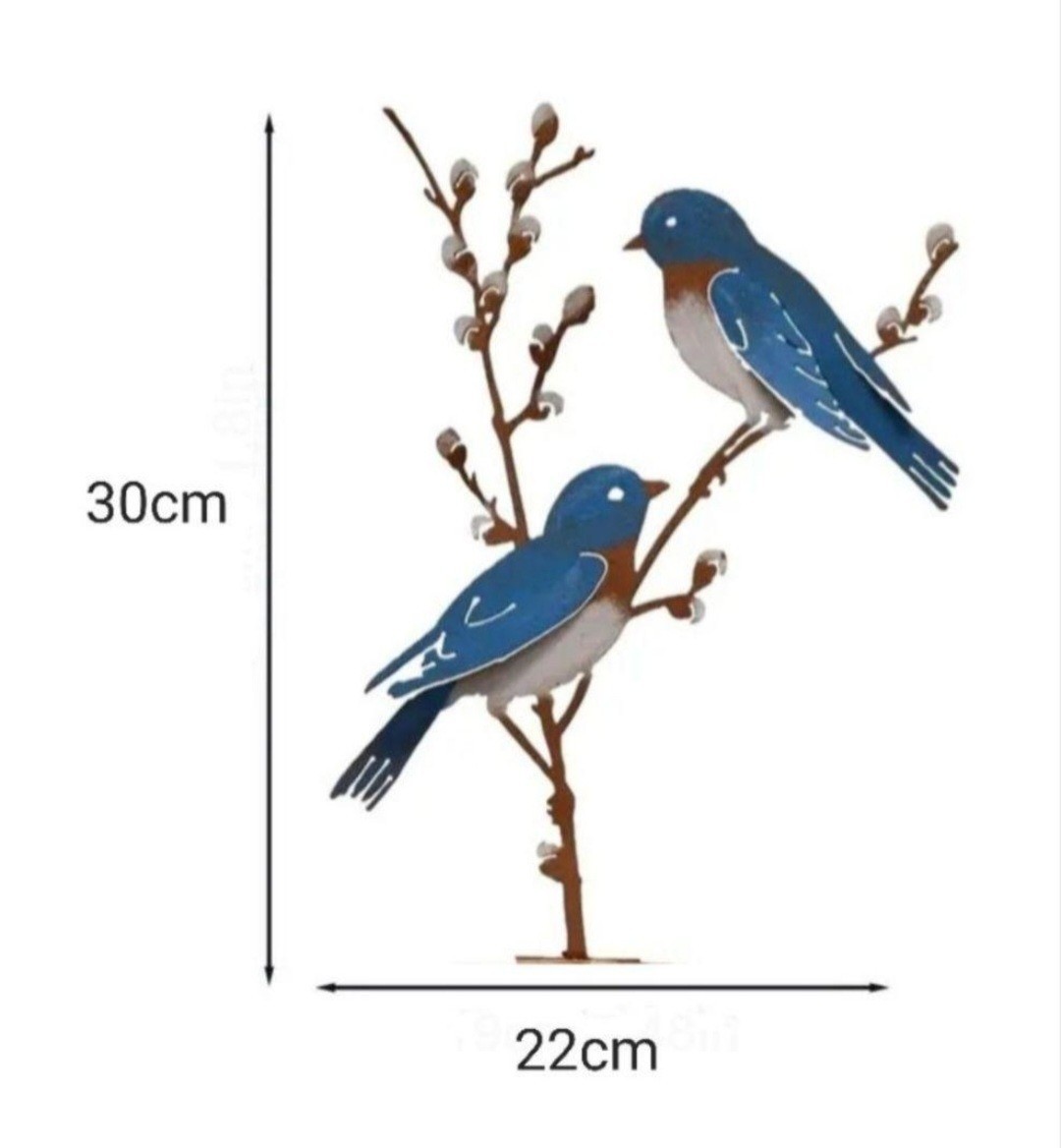 青い鳥と木の実　ガーデンオーナメント　レトロ　片面カラー　鳥の雑貨　HANAKO　ガーデンオブジェ