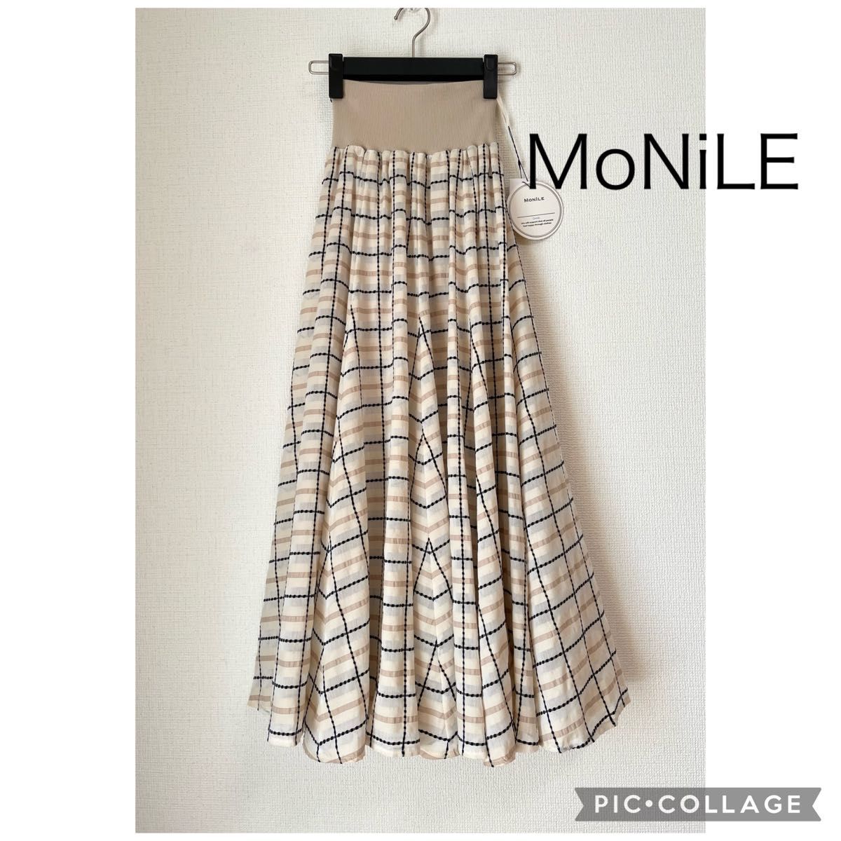 【新品】MoNiLE モニーレ ウエストリブフレアースカート ベージュ系 綿 絹 チェック コットン シルク